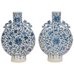 Antique Pair of Chinese Blue and White Moon Flasks Hand Painted Qing Dynasty, circa 1880