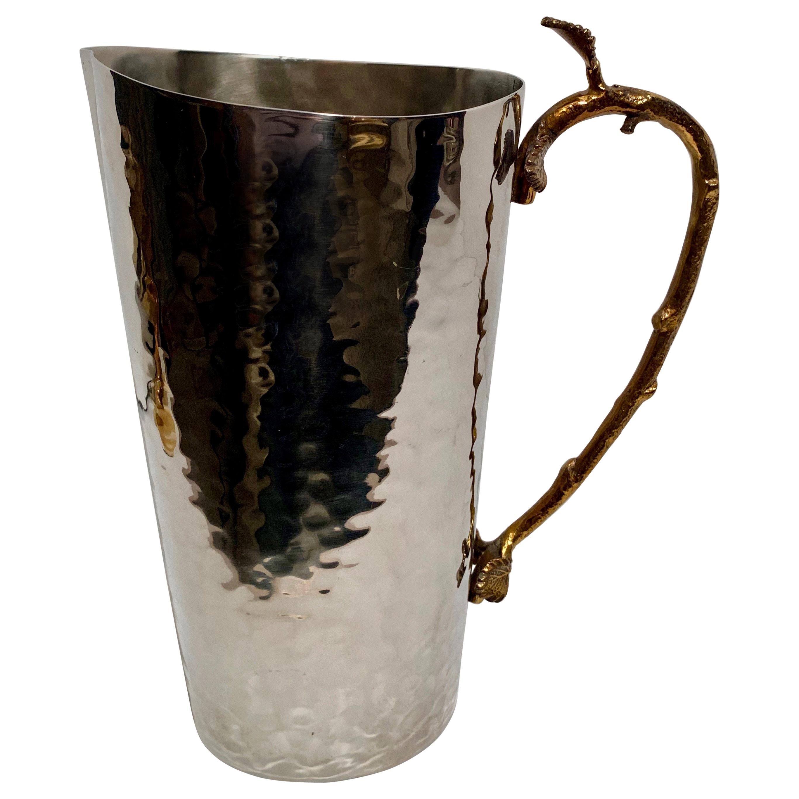 Godinger Hammered Pitcher with Brass Leaf and Twig Handle For Sale