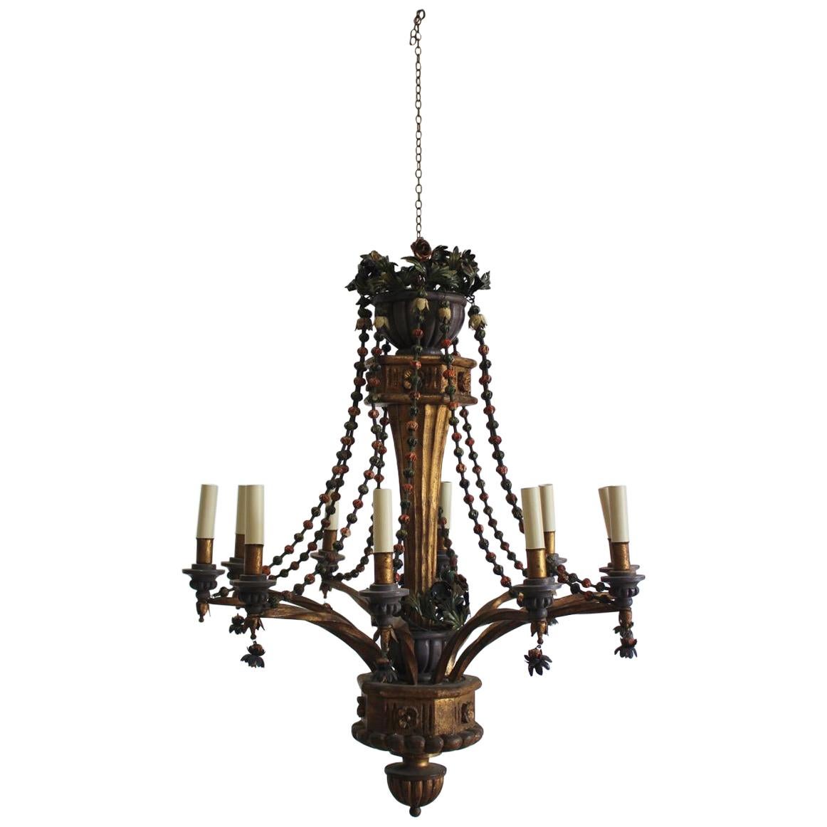 Italian Eight-Arm Giltwood and Tole Chandelier, circa 1940s