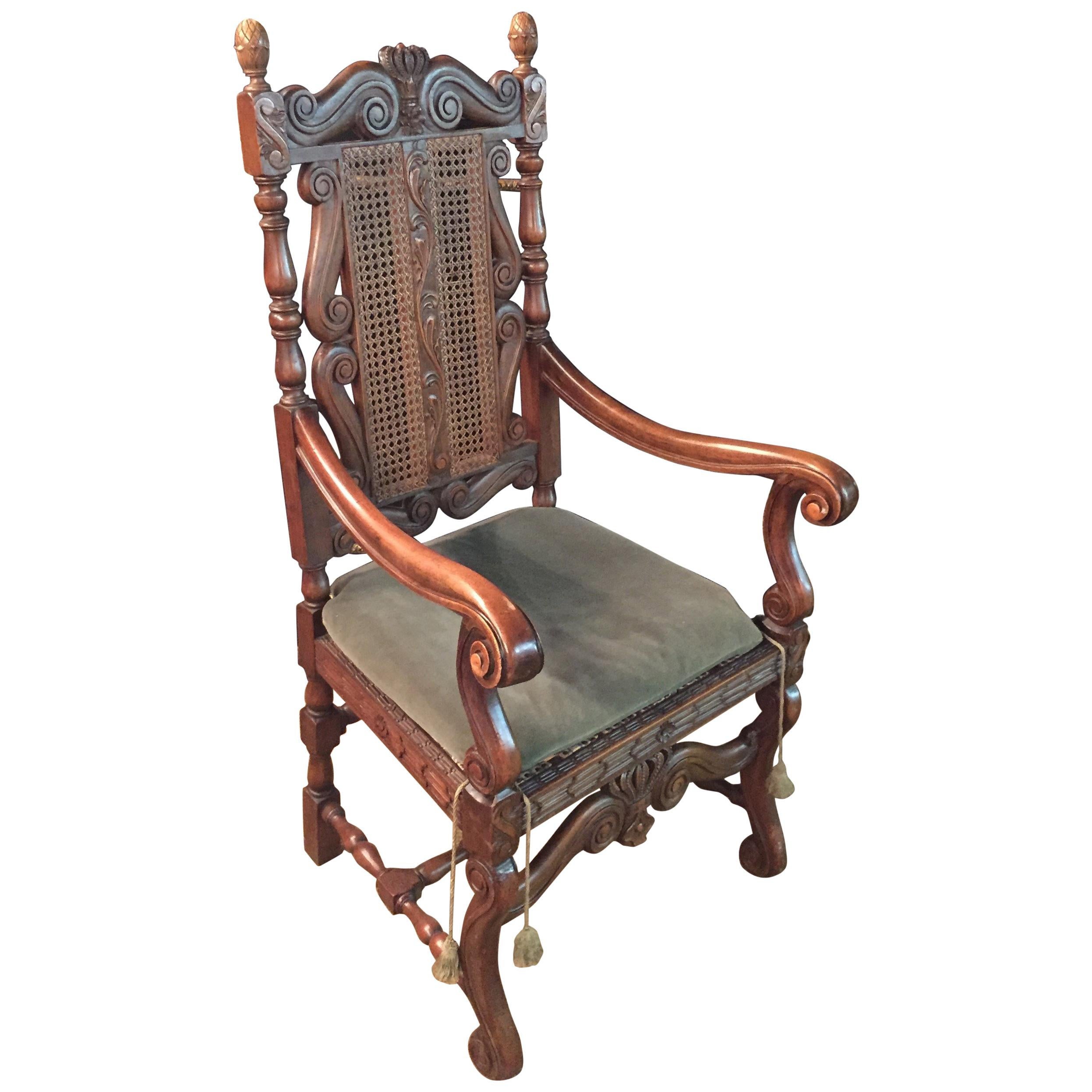 Antique Baroque Throne Armchair Fully Carved with Crown, circa 1880 Walnut For Sale