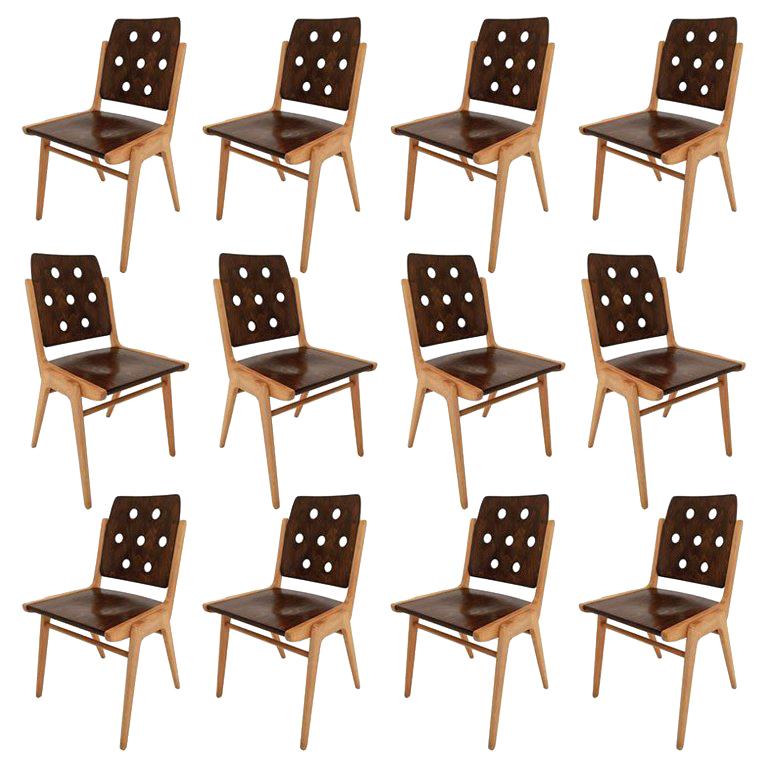 Set of 12 Stacking Dining Chairs Franz Schuster, Duo-Colored, Austria, 1950s For Sale