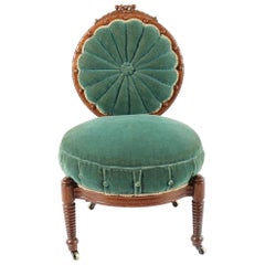 1800s Victorian Balloon Back Accent Chair on Casters in Emerald Green Velvet