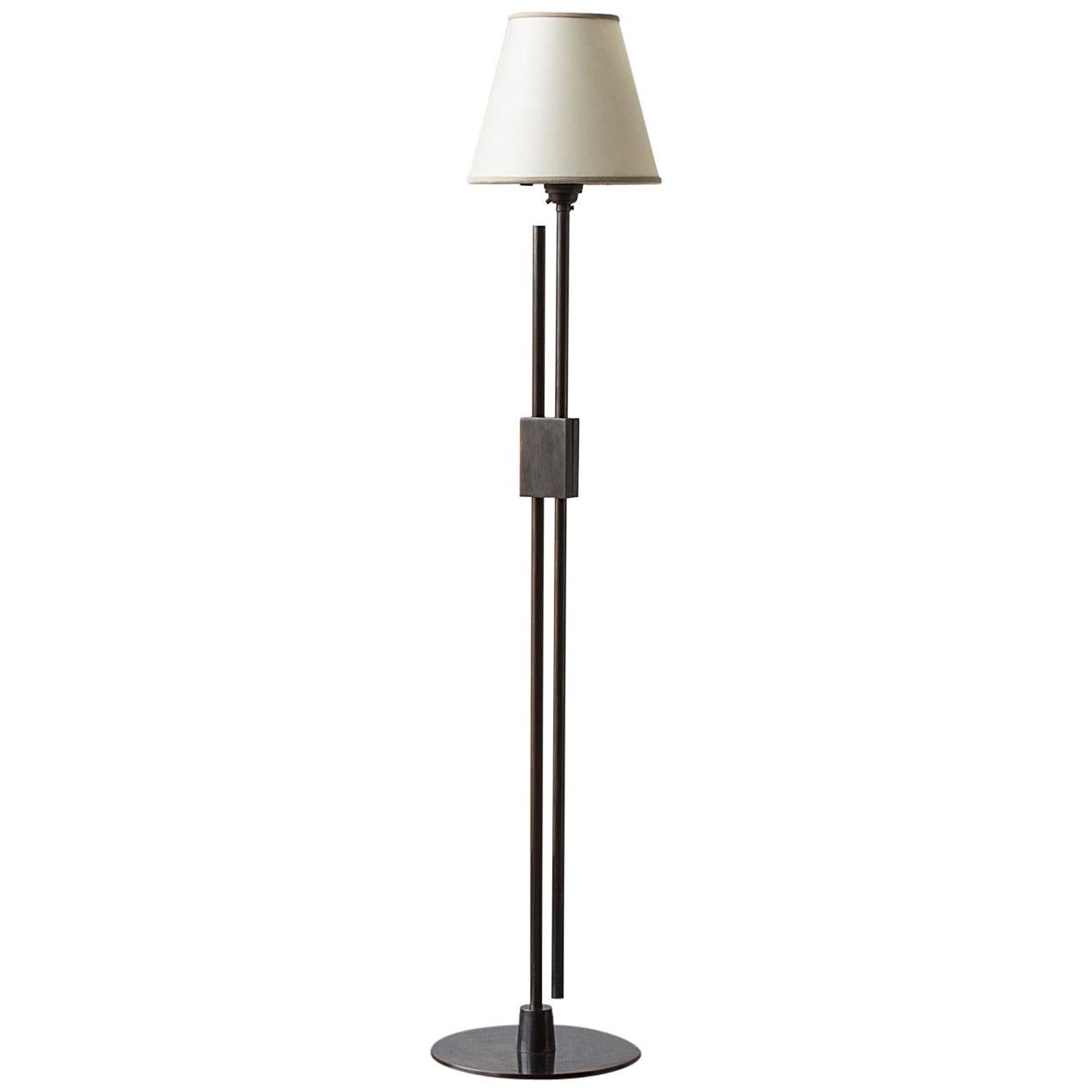 Series04 Floor Lamp Patinated Brass Adjustable Height, Goatskin Shade Suede Trim For Sale