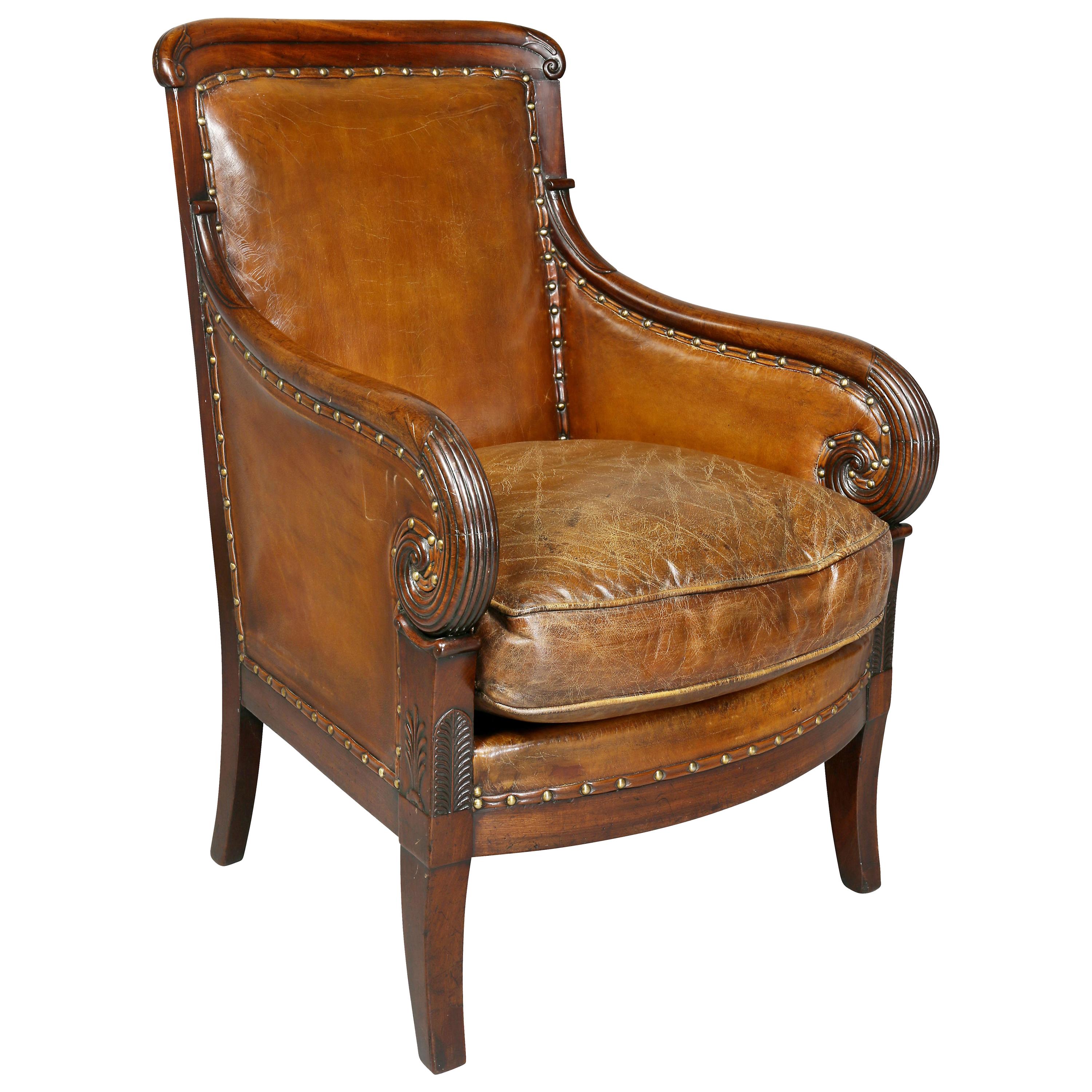 Regency Mahogany and Leather Upholstered Bergere