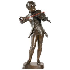 Mozart, Bronze, Early 20th Century with His Bow Carved Wood, Antiquity