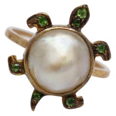 18-Carat Gold Russian Demantoid Garnet and Pearl Turtle Form Ring, circa 1900