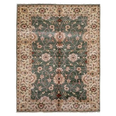 Green, Gold and Beige Handmade Wool Distressed Room Size Turkish Oushak Rug