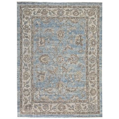 Blue and Ivory Antique Handmade Wool Distressed Room Size Turkish Oushak Rug