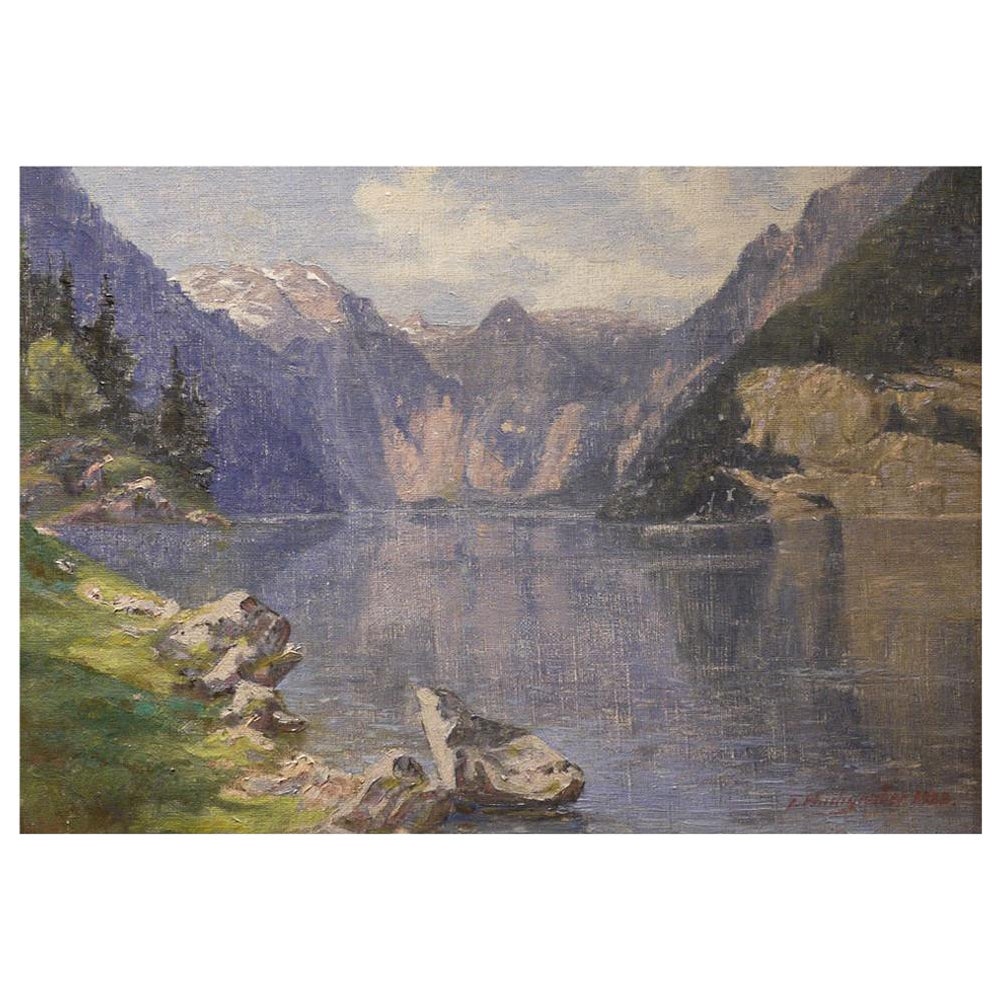 Mountain Landscape with Lake, Oil on Canvas Paintings, Alps, 1920 For Sale
