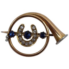 Vintage Edwardian Diamond and Sapphire Gold Hunting Horn Brooch