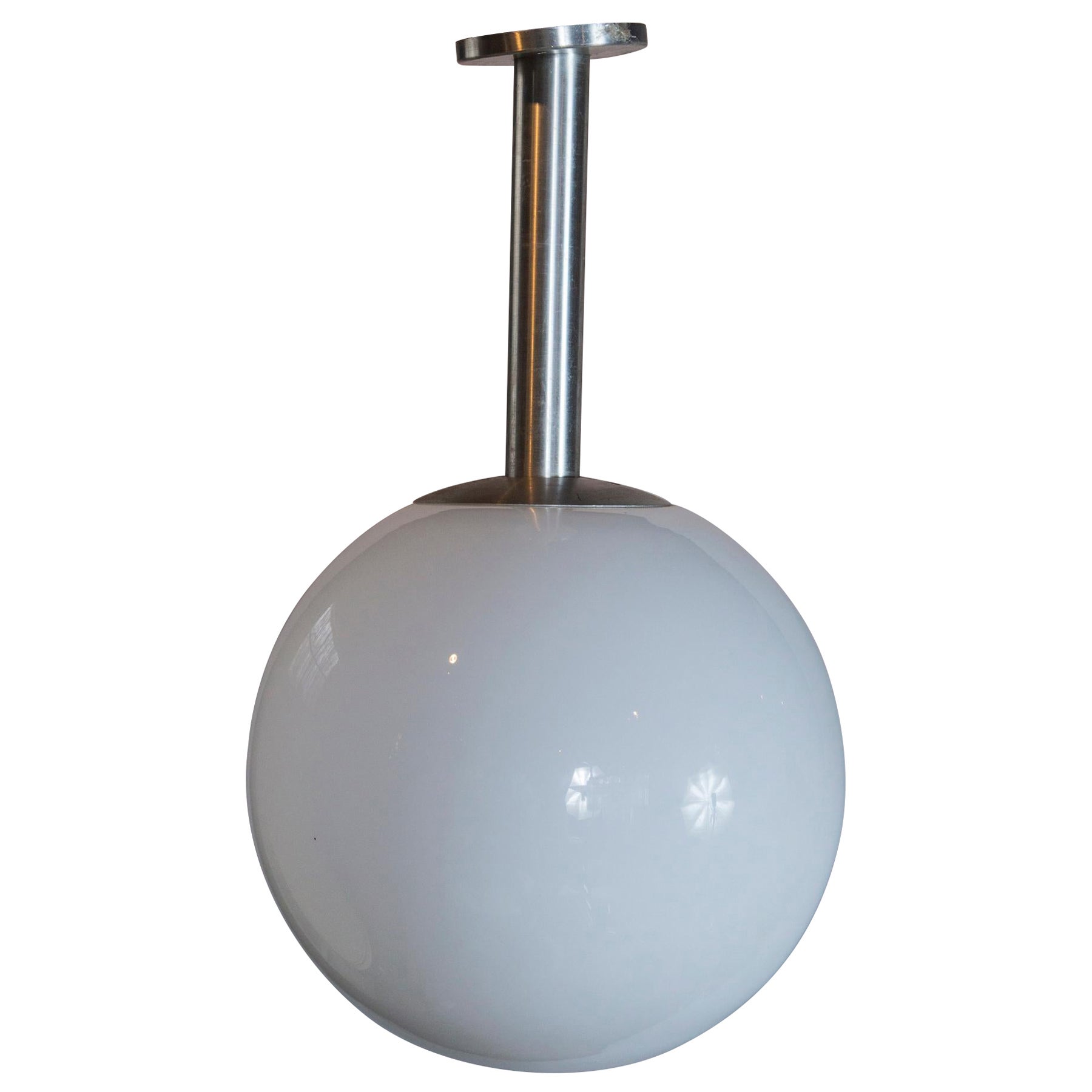 White Glass Ball Pendant Light with Aluminum Stem, Single or Pair For Sale