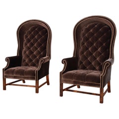 Retro Midcentury Brown Velvet Porter's Chairs, Pair