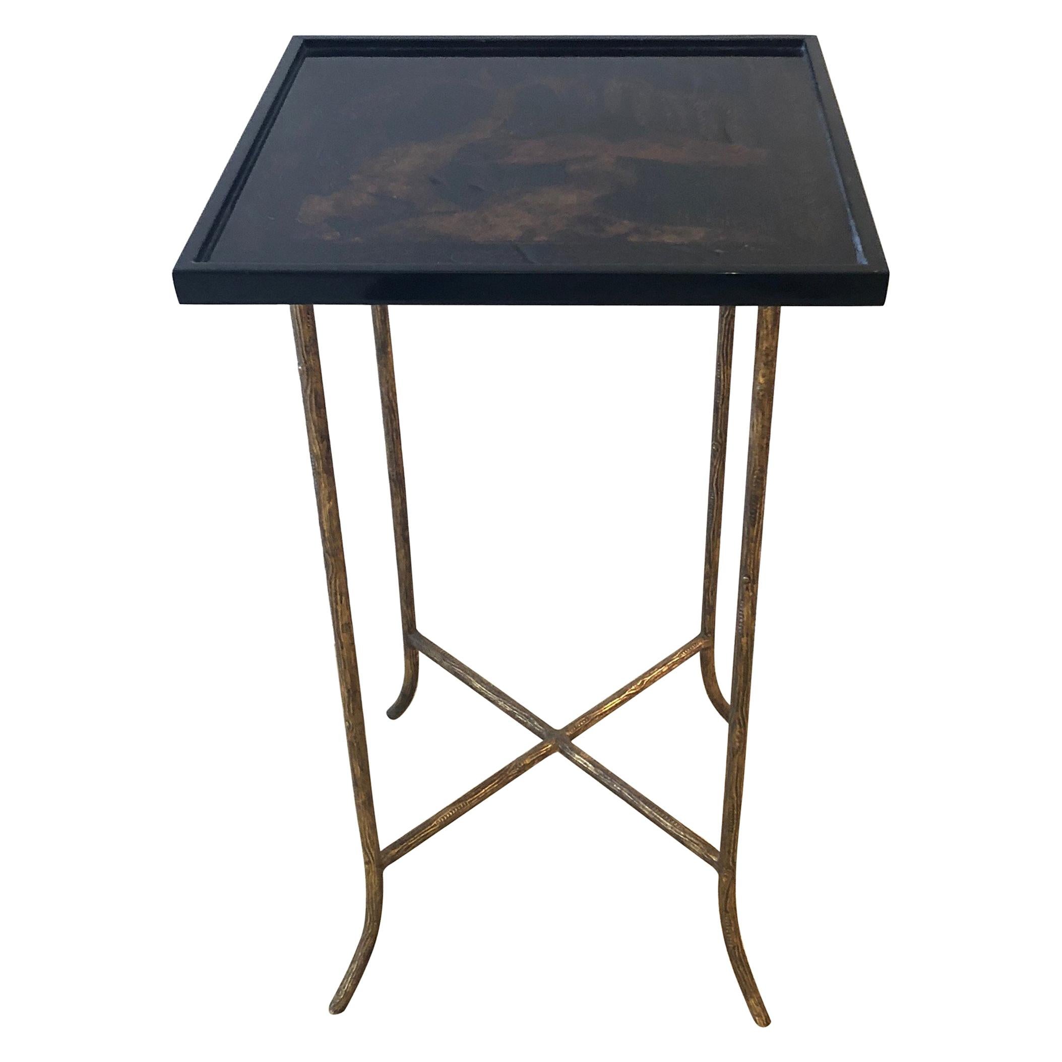 Chinoiserie Lacquer Side Table End Table with Faux Bois Brass Legs