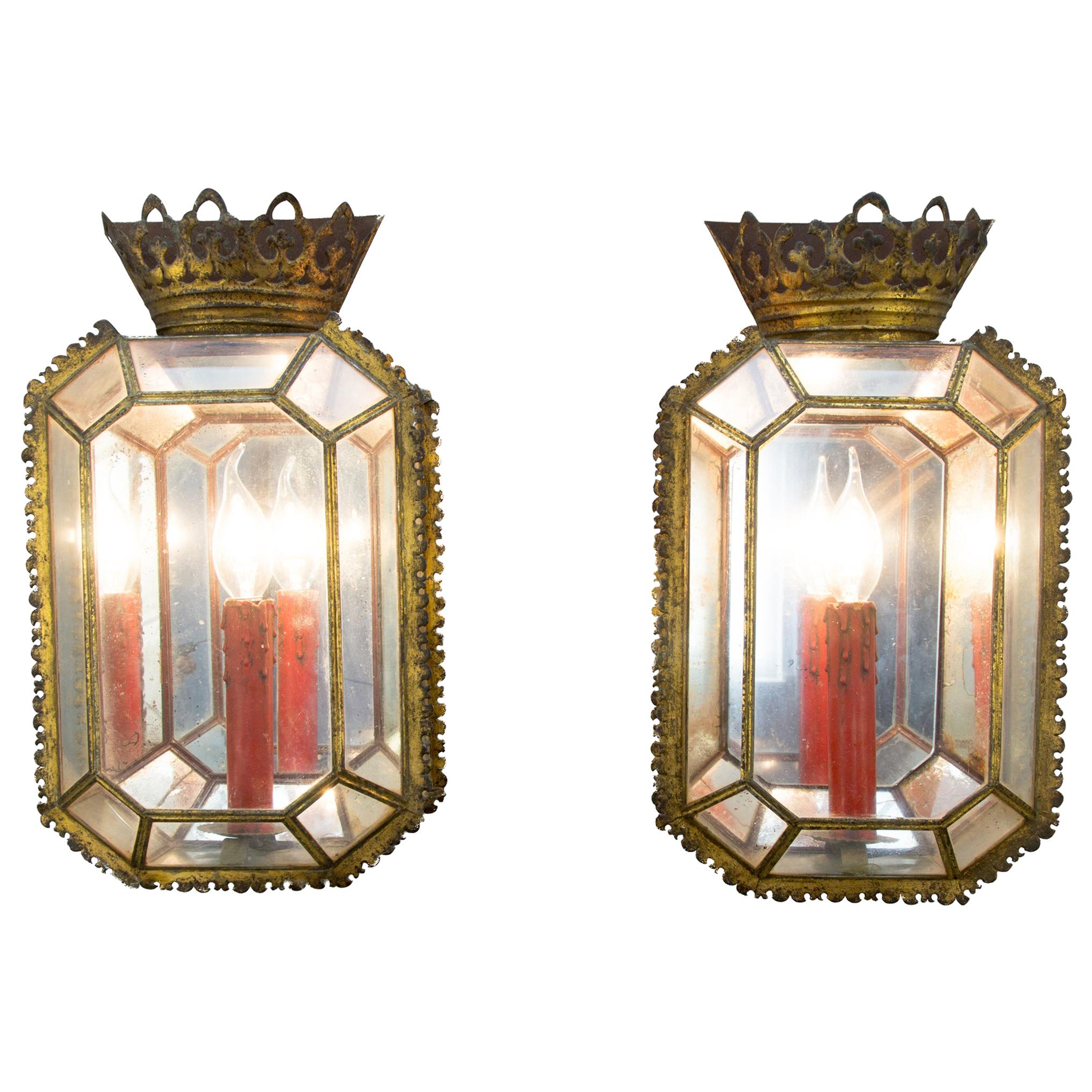 Pair of Early 20th Century Italian Tole and Glass Sconces