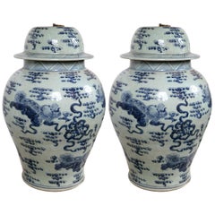 Vintage Pair of 20th Century Chinese Blue and White Covered Jars