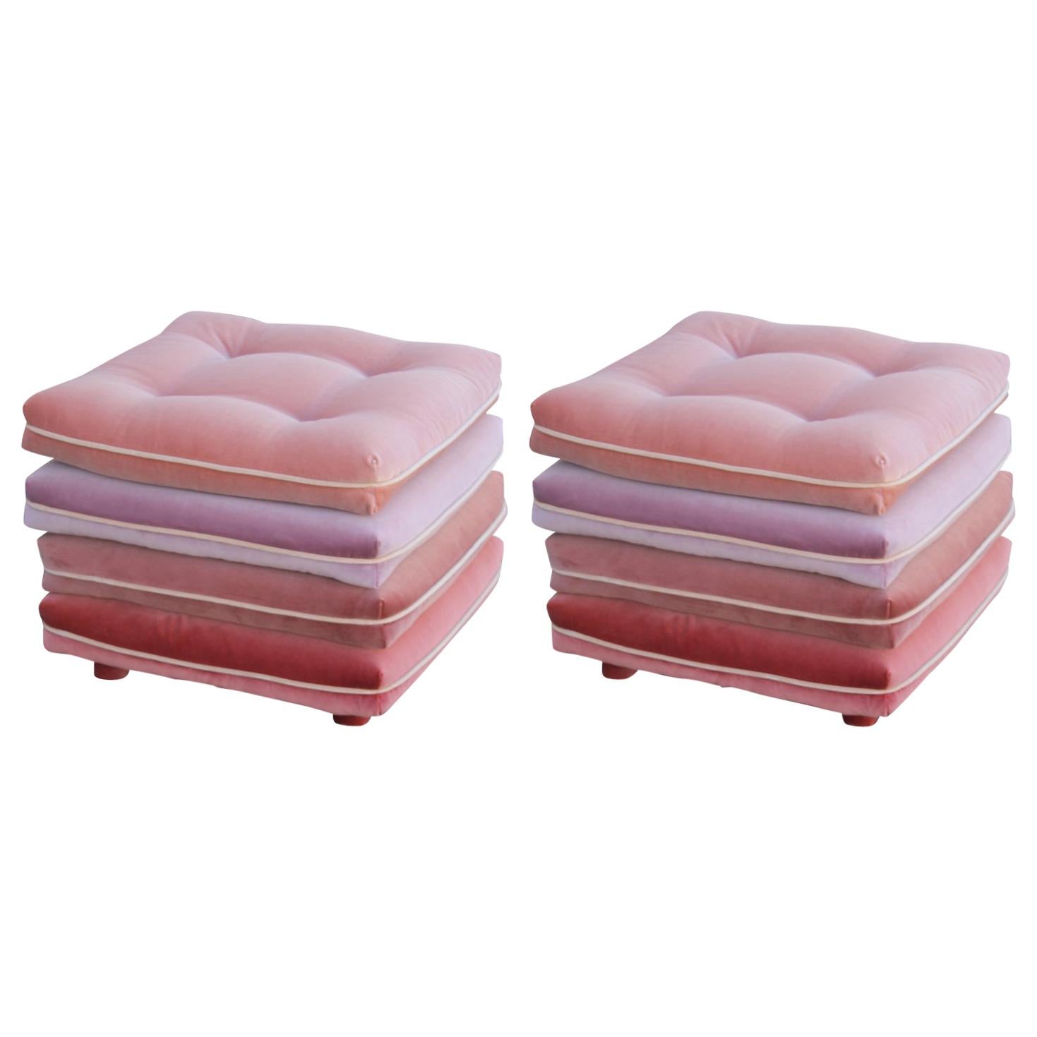 Pair of Custom Pink Ombre / Gradient Stacked Cushion Stools on Brass Casters