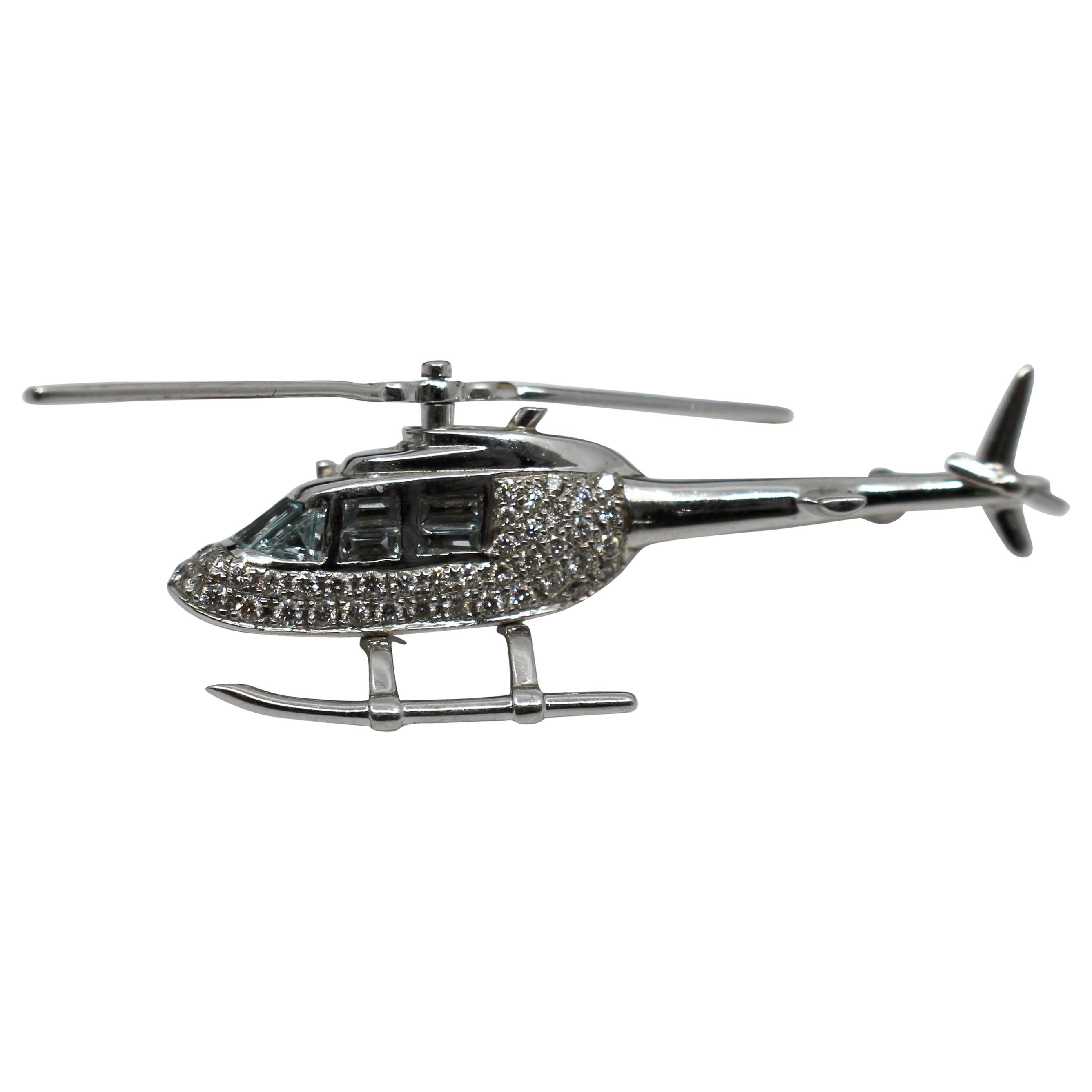 Diamond and Aquamarine 18 Carat White Gold Helicopter Brooch For Sale
