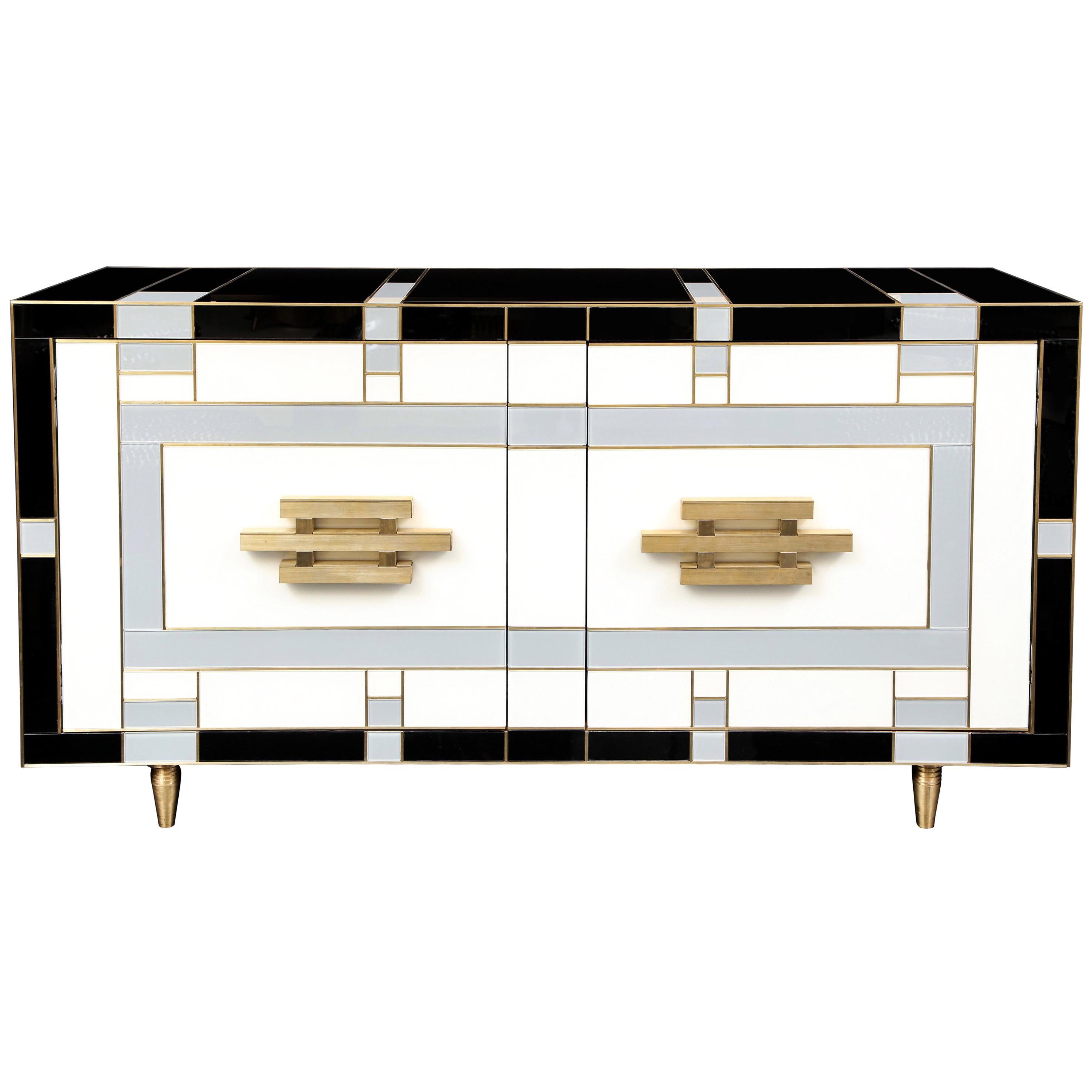 Custom Handcrafted Black, Ivory and Grey Glass with Brass Inlay Sideboard, Spain