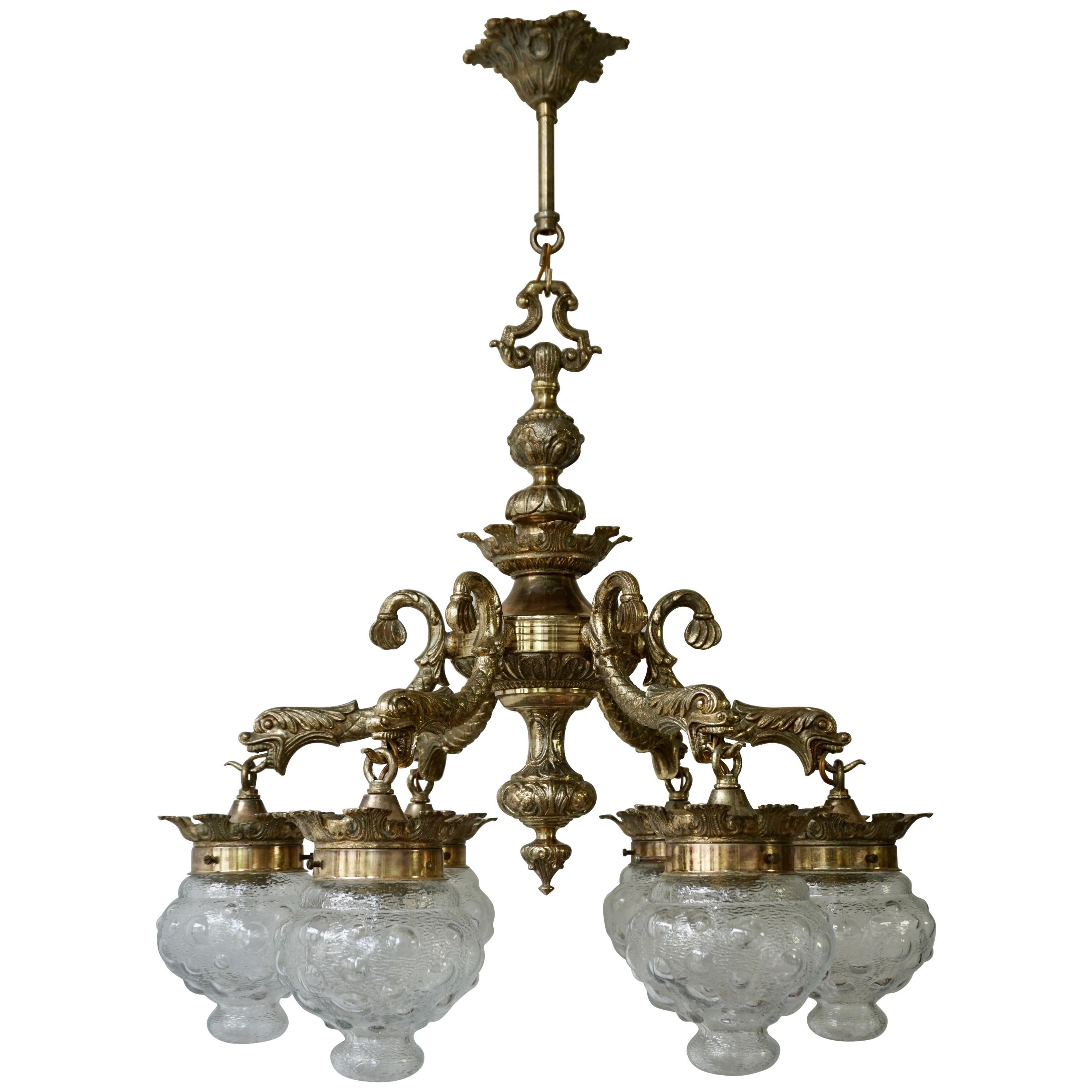 Stunning Brass Chandelier in Gothic or Medieval Style with Dragon Sculptures For Sale