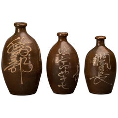 Set of Three Antique Japanese Sake Saki Bottles with Calligraphy, circa 1900