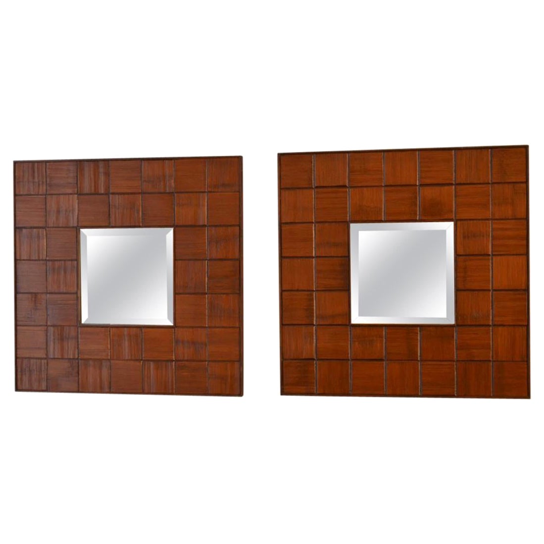 Pair of Square Walnut Relief Mirrors, 1960s, Italiy For Sale