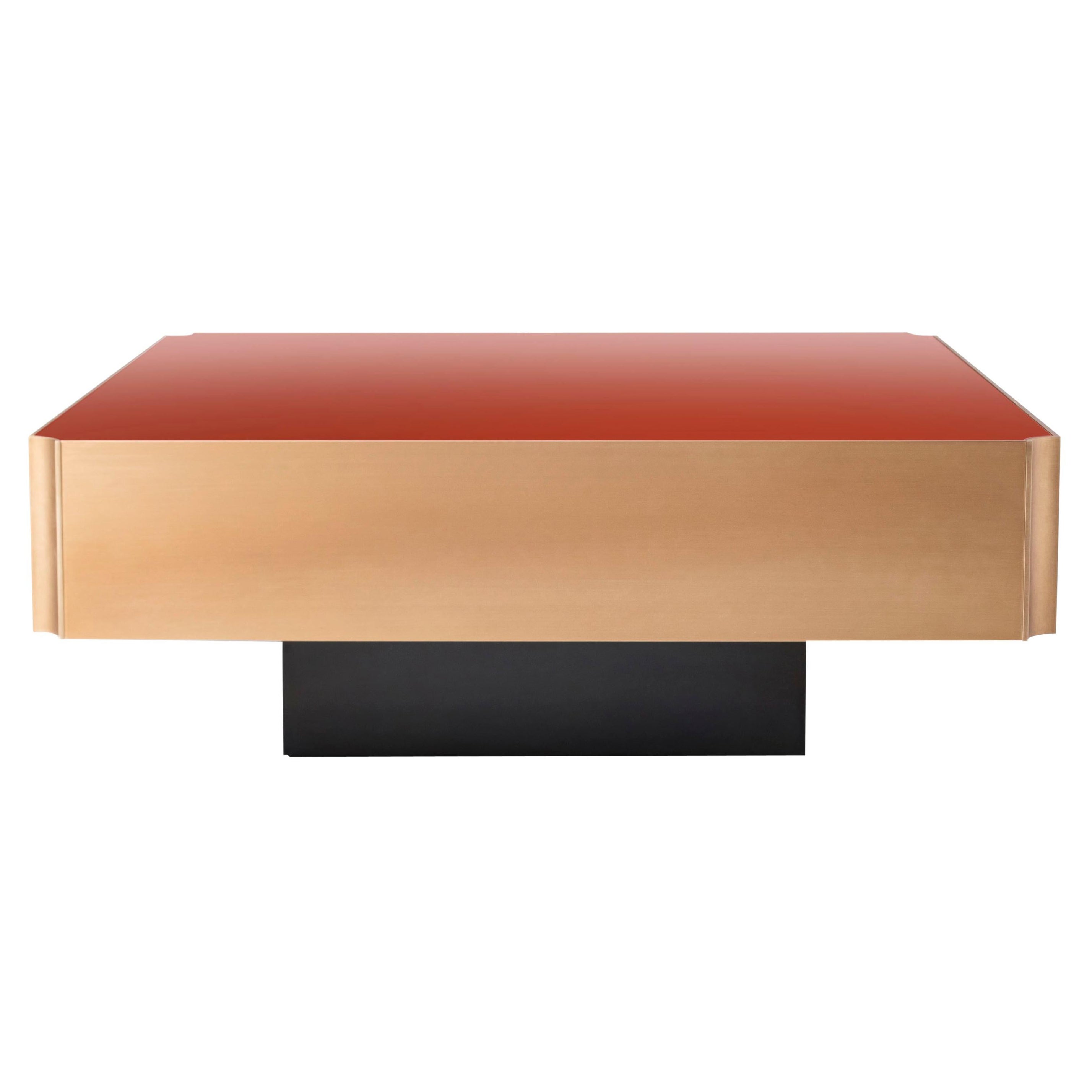 Mesa de centro contemporánea QD15 con cristal, latón y metal negro bronceado