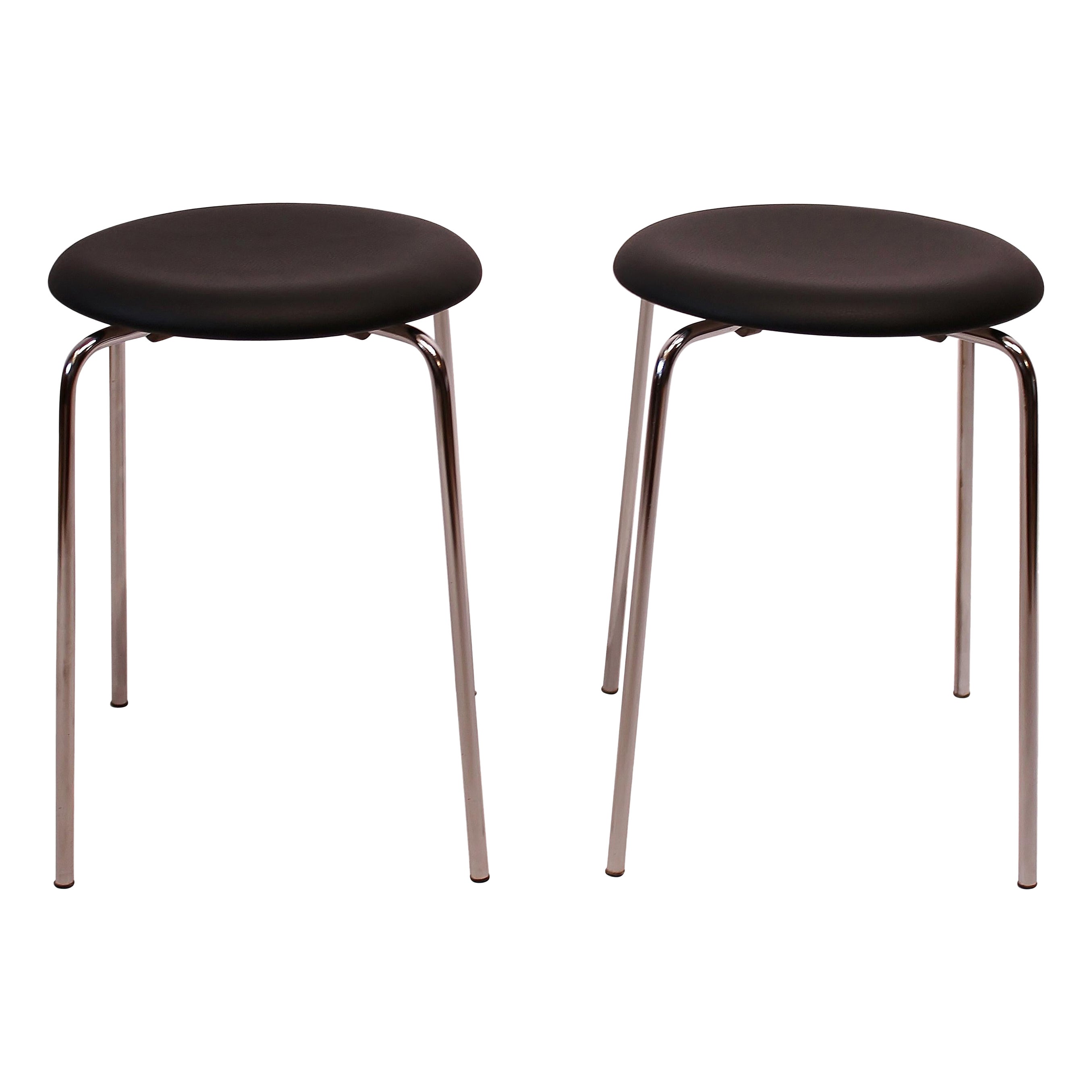 Pair Of 2 Dot Stools Upholstered With Black Leather By Arne Jacobsen From 1970s