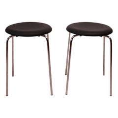 Vintage Pair Of 2 Dot Stools Upholstered With Black Leather By Arne Jacobsen From 1970s