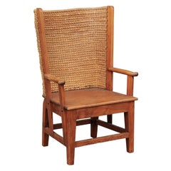 Small Scottish Orkney Wingback Chair with Handwoven Straw Back, circa 1900