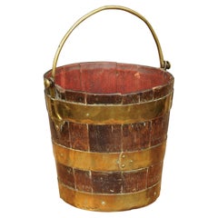 English Oak Bucket with Brass Handle and Horizontal Braces, circa 1880