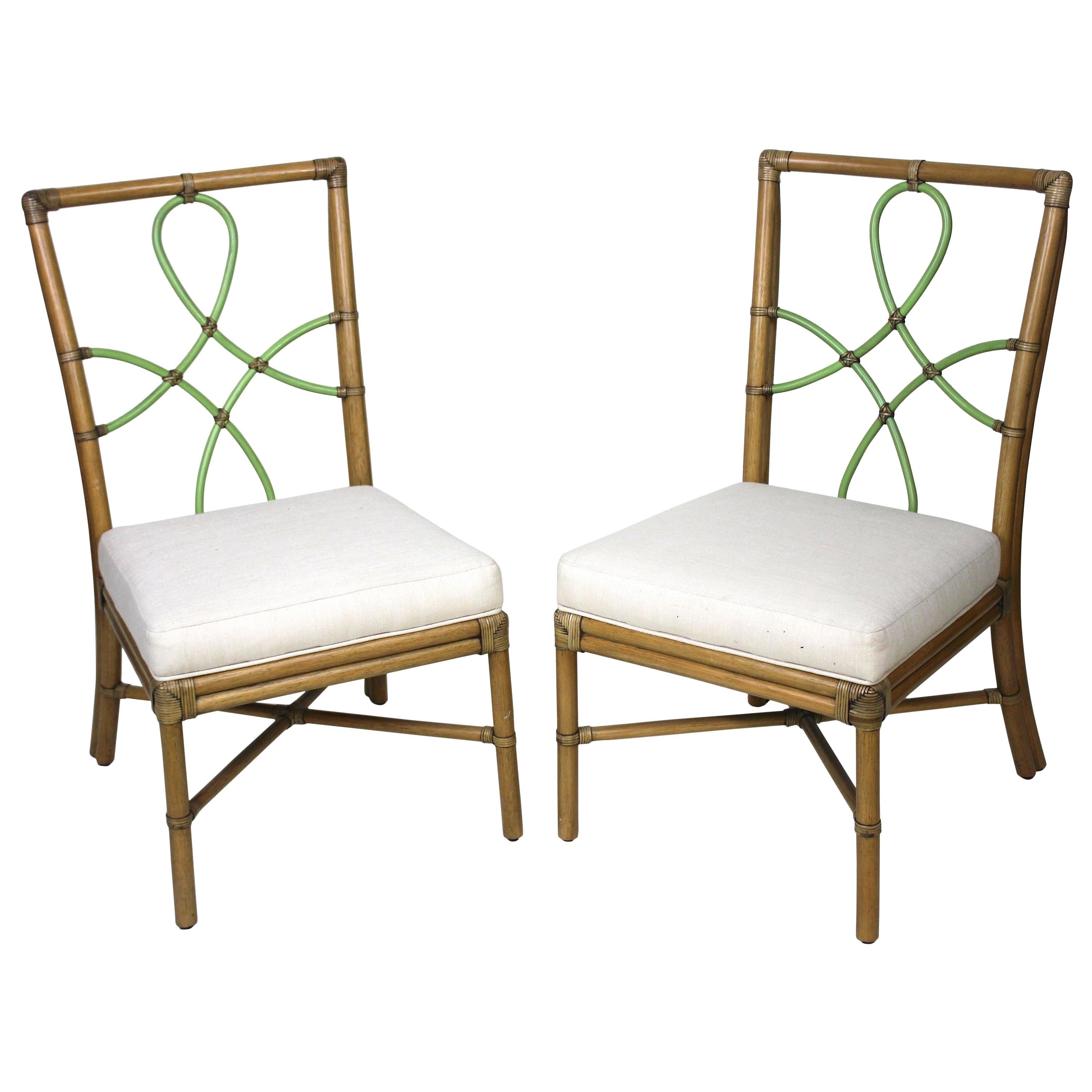 McGuire Bamboo Pair of Side Chairs Diamond Ribbon Back For Sale