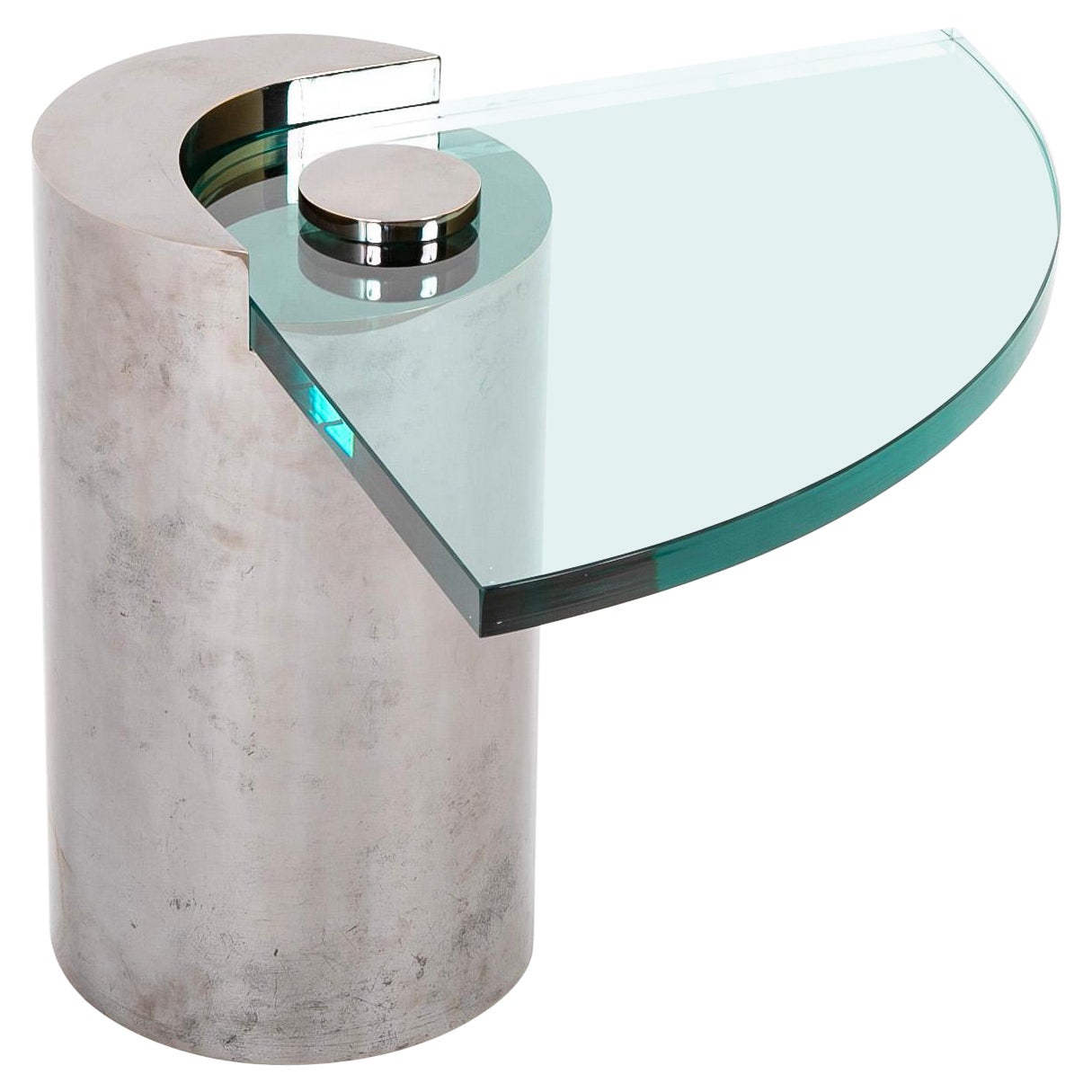 Signed Karl Springer Side Table with Cantilevered Glass Top For Sale