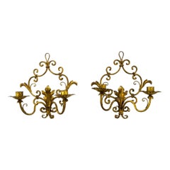 Pair of Italian Hollywood Regency Style Gilt Metal Double Candle Wall Sconces