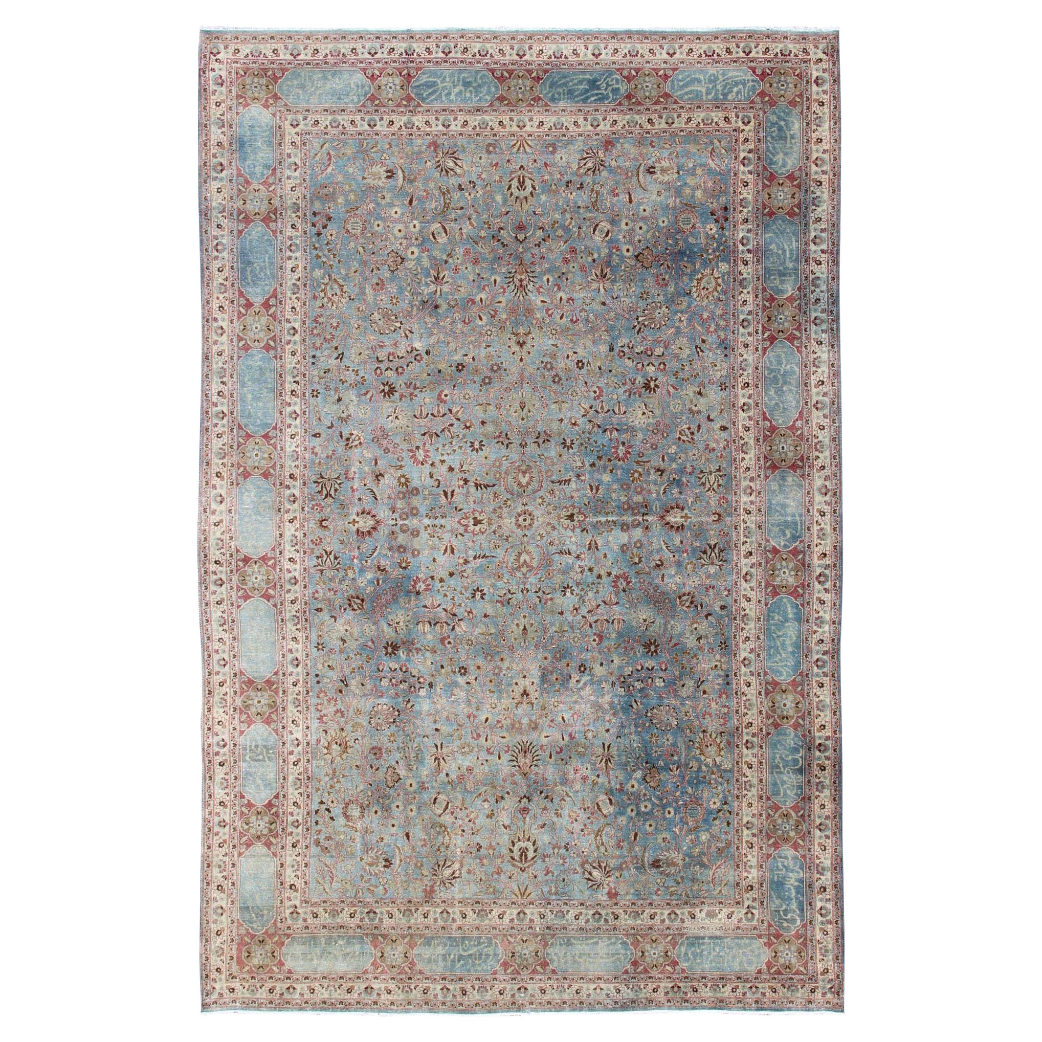 Antique Large Persian Mashhad On Light Blue Background by Keivan Woven Arts For Sale