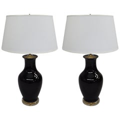 Pair of French Mid-Century Modern Black Opaline Glass and Lucite Table Lamps