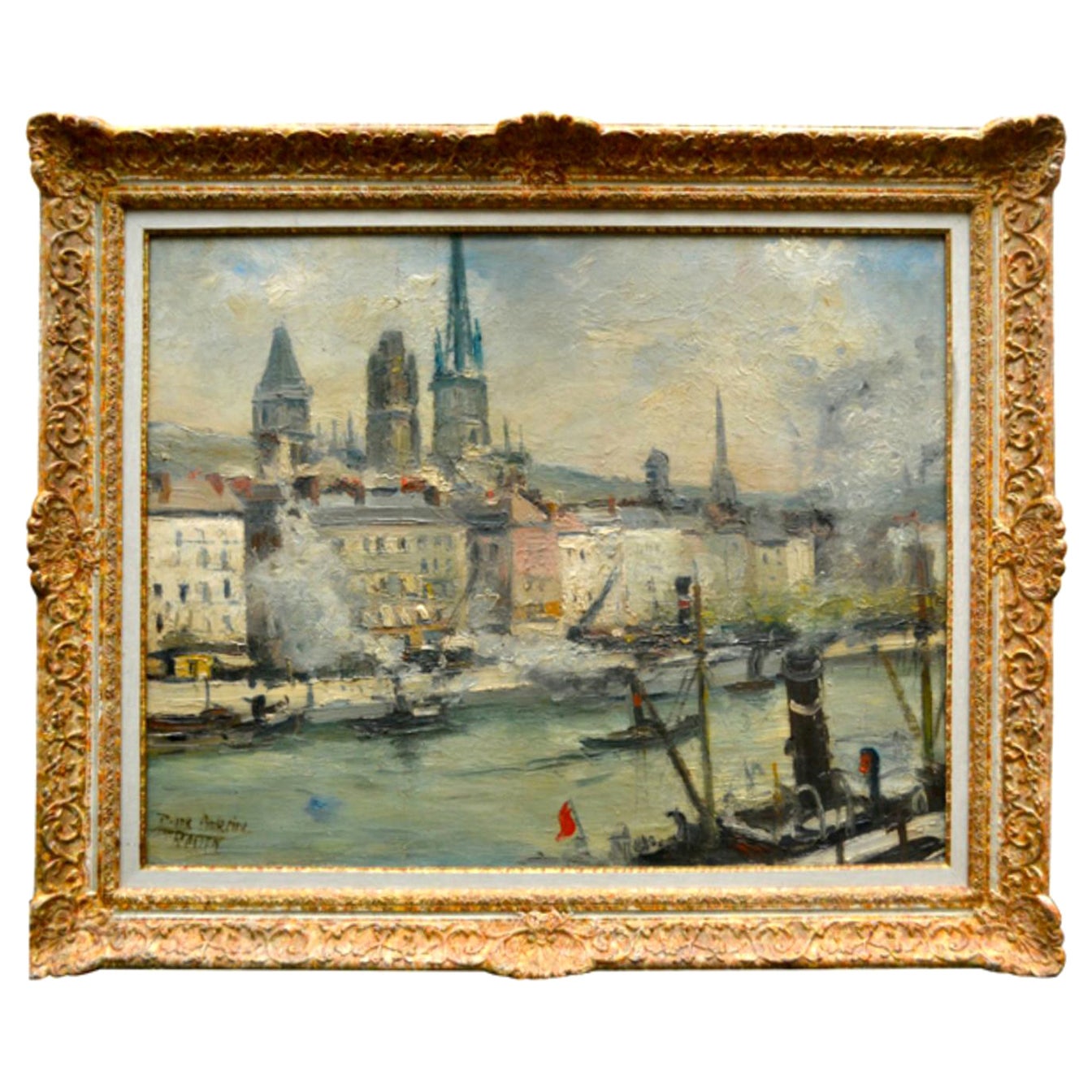 Une huile sur toile impressionniste montrant l'activité quotidienne de l'industrie et de la marine marchande sur la Seine à la ville de Rouen, en France, à l'aube du déclenchement de la Seconde Guerre mondiale en 1939. La toile est signée Roger
