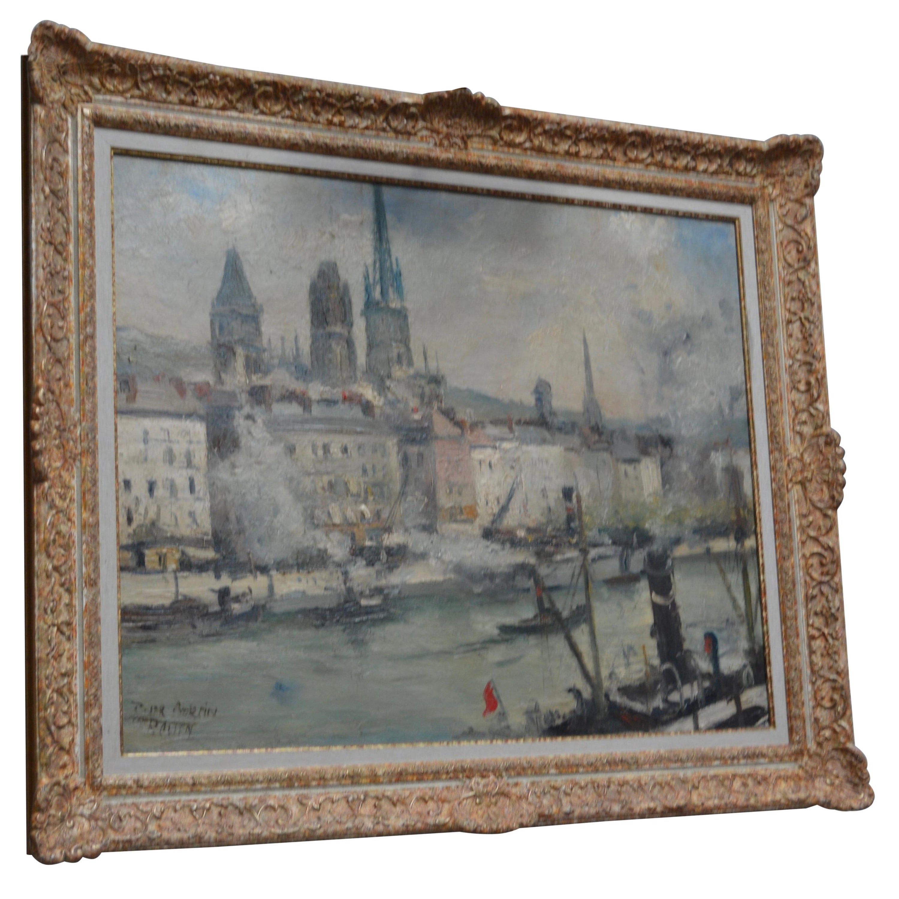 Pintura impresionista titulada "La Seine a Rouen" del artista francés Roger Bertin en venta