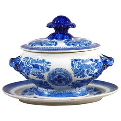 Soupière, couvercle et Stand en porcelaine Fitzhugh d'exportation chinoise, rare émail bleu
