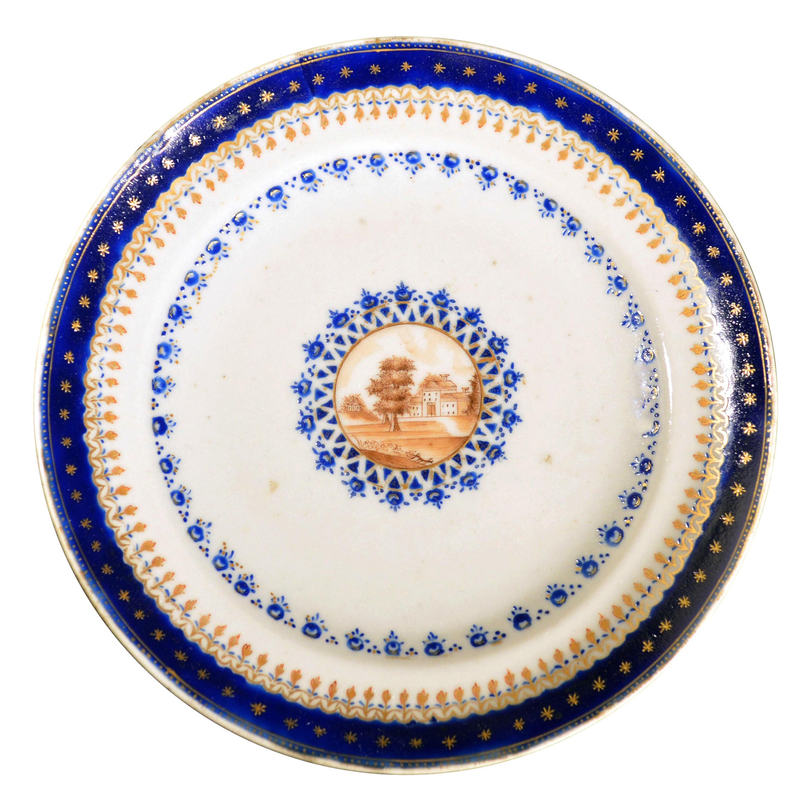 Assiette en porcelaine bleue émaillée d'exportation chinoise fabriquée pour le marché américain en vente