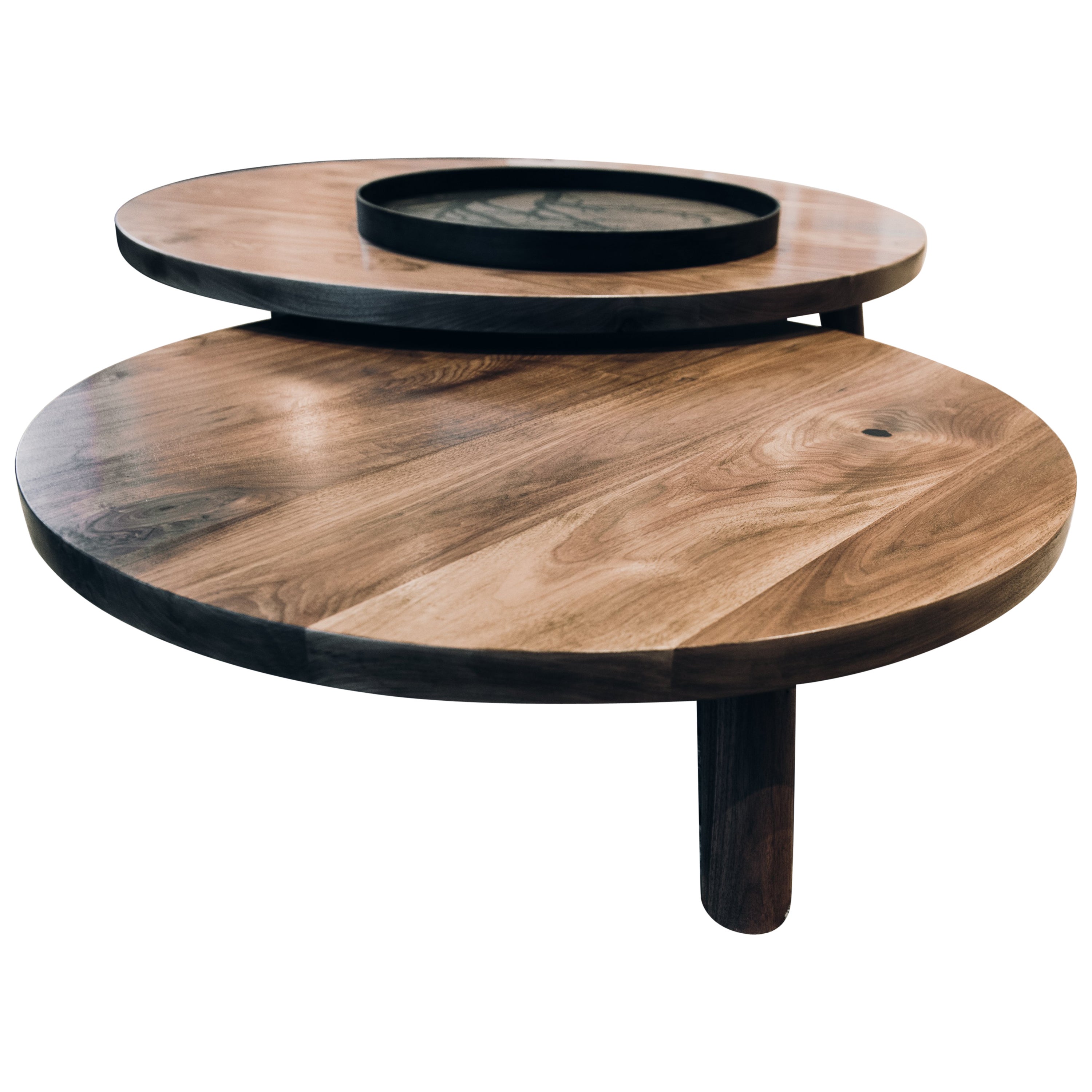 Round Walnut and Black Lacquer Asian Low Profile Coffee Table at 1stDibs