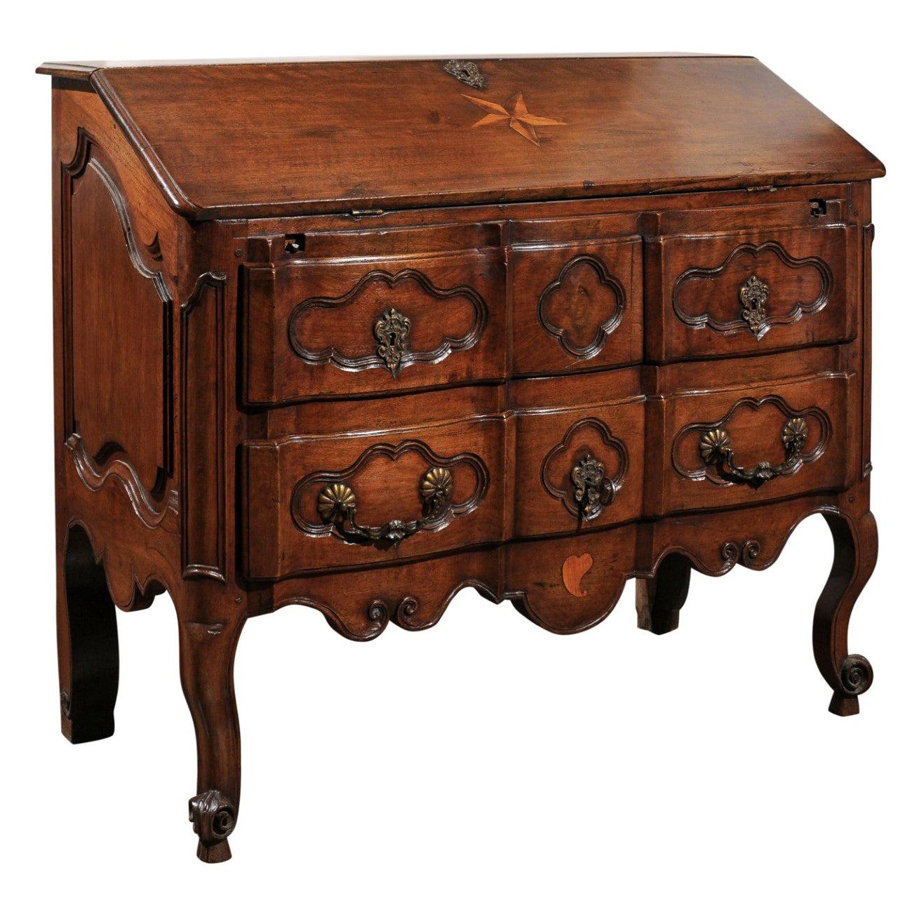 French 18th Century Walnut Slant-Front Desk on Three-Drawer Commode en Arbalète