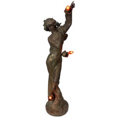 French Art Nouveau Figural Spelter Newel Post Lamp, Paris Foundry Mark