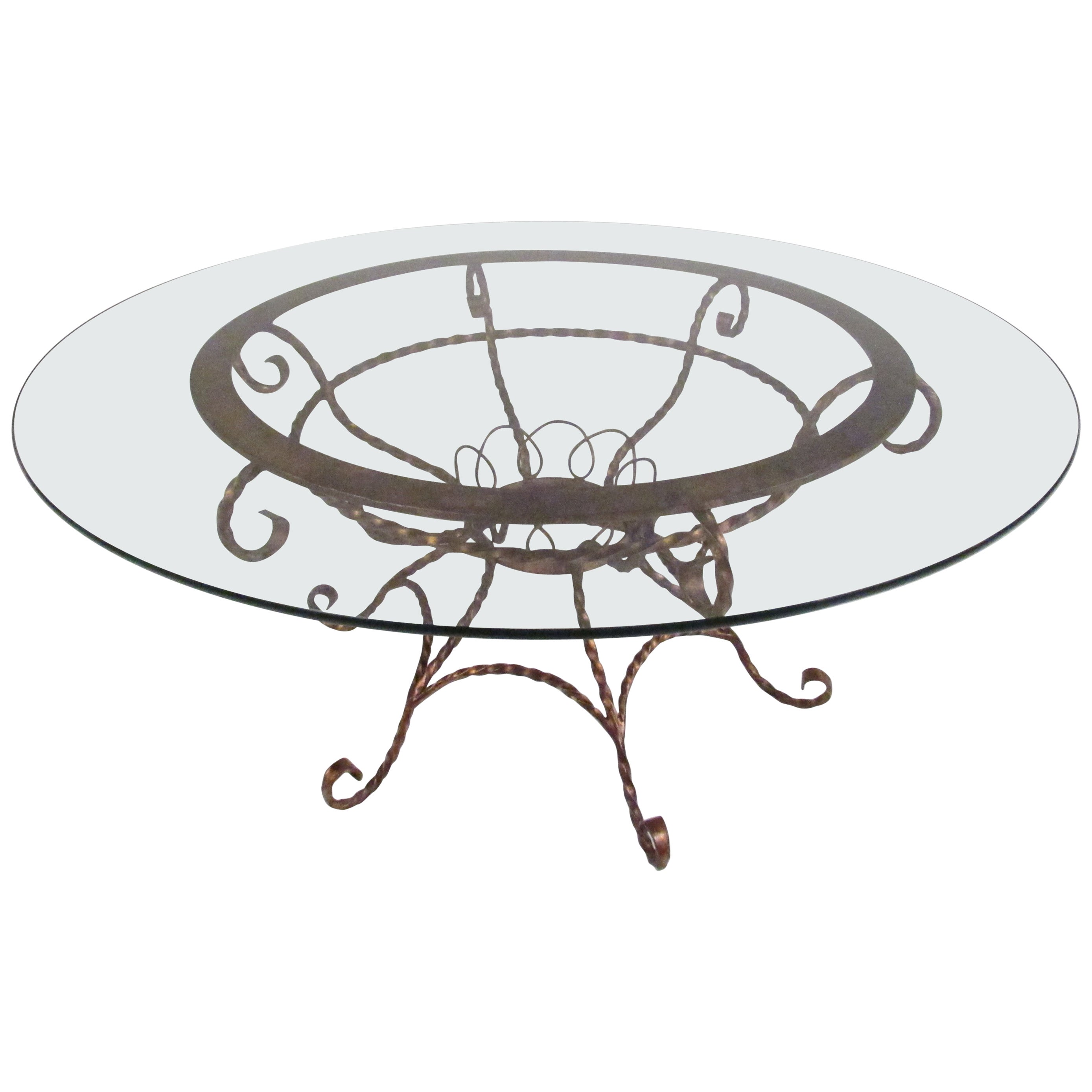 Midcentury Wrought Iron with Round / Circular Glass Top Coffee or Cocktail Table For Sale at 1stDibs