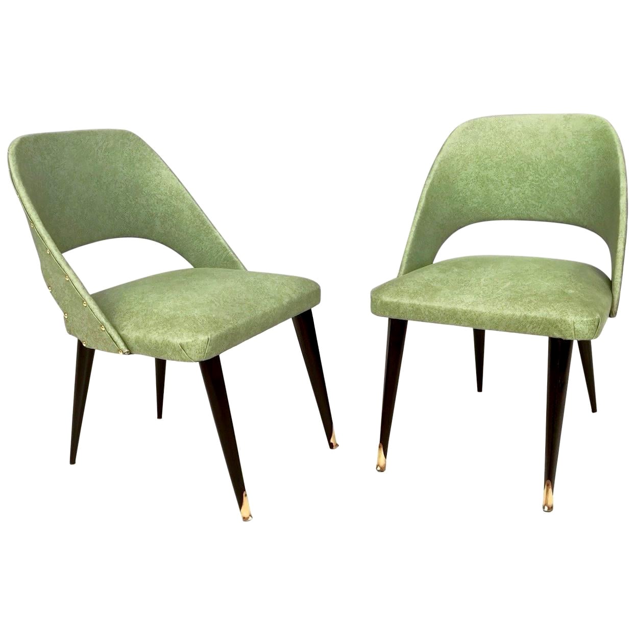 Pair of Vintage Green Skai Side Chairs with Ebonized Wood Legs, Italy