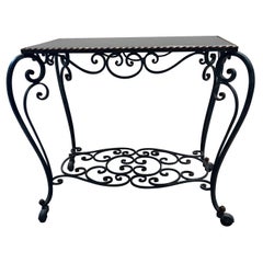 French Mid-Century 1940s Forged Iron and Glass Table on Wheels