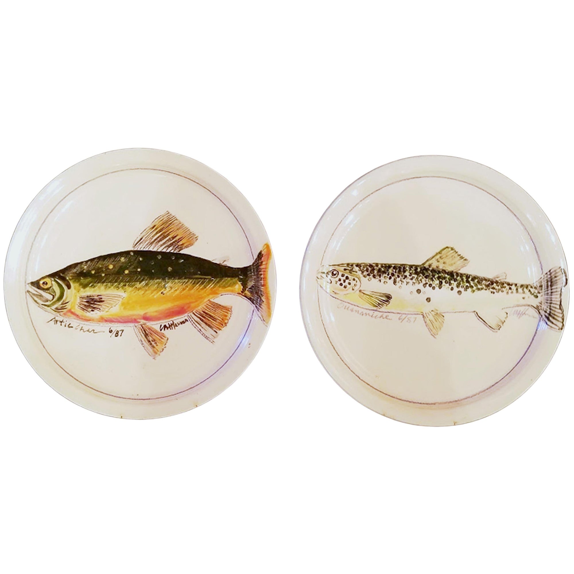 Carole Harman Ceramic Dishes Painted with Fish, Arctic Char & Ouananiche Salmon For Sale