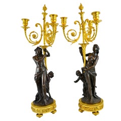 Antique Pair of Bronze French Louis XVI Style Figural Candelabra After Clodion