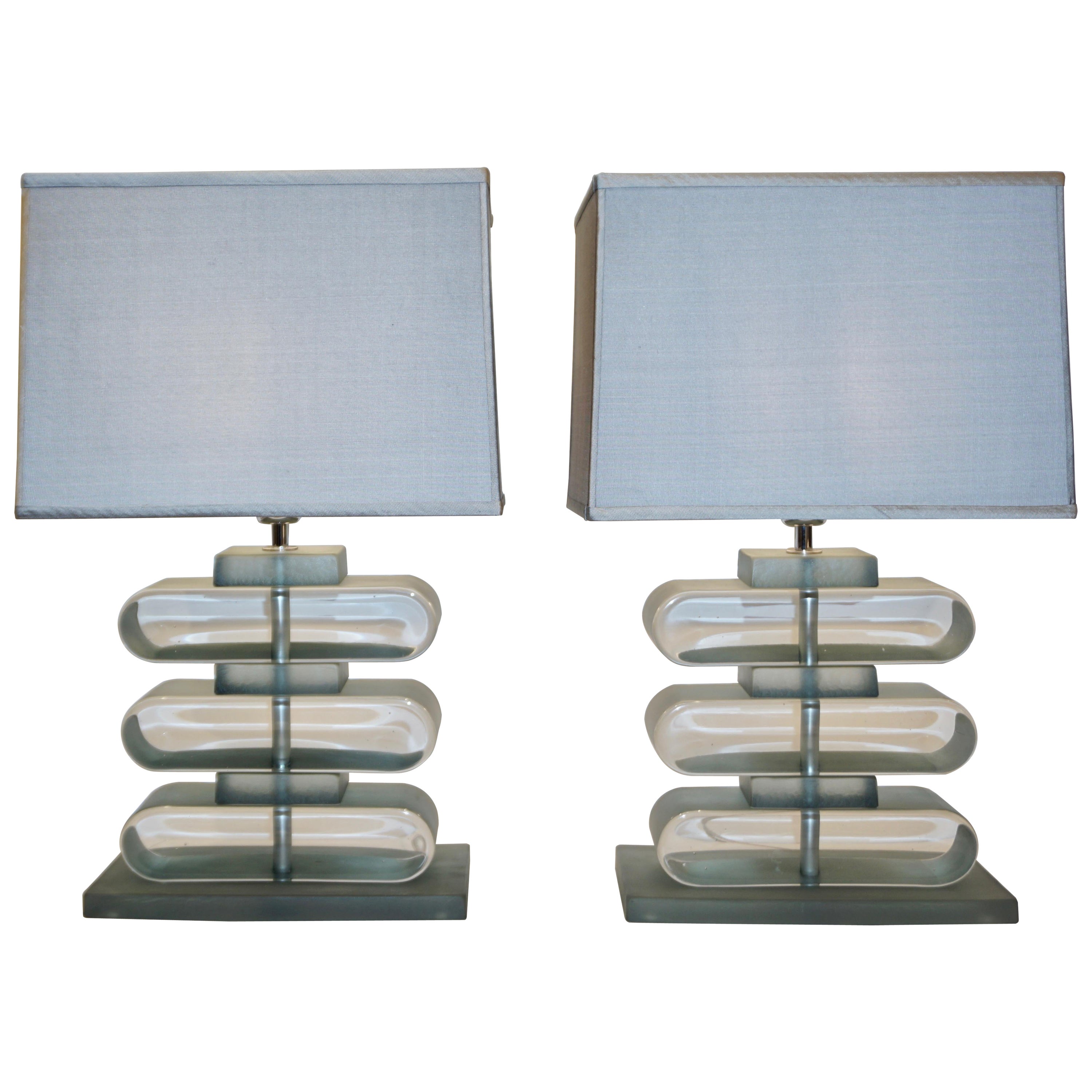 Italian Modern Pair of Nickel and Smoked Aqua Murano Glass Architectural Lamps