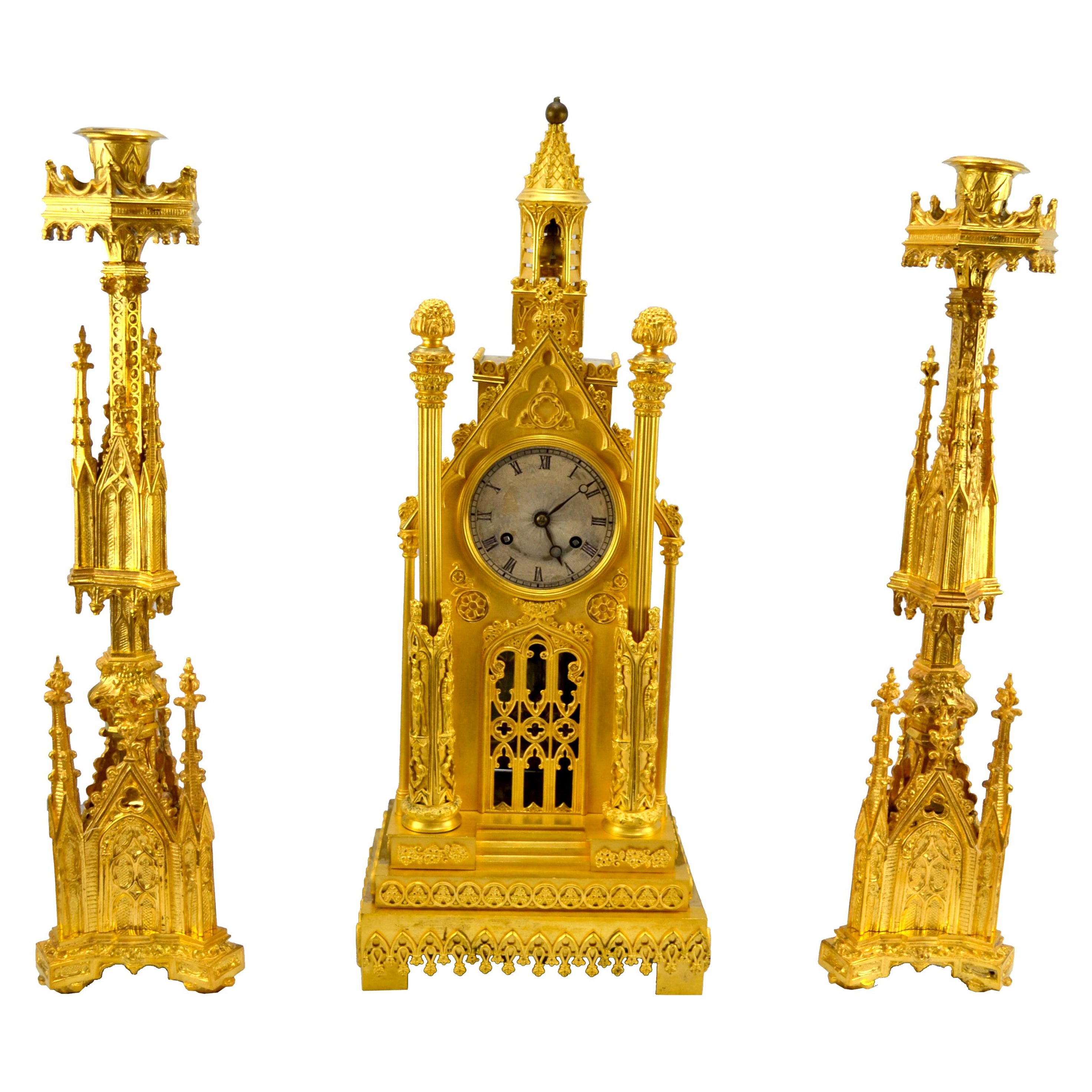 Second Empire Gothic Cathedral Clock and Garniture