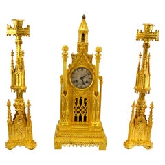 Antique Second Empire Gothic Cathedral Clock and Garniture
